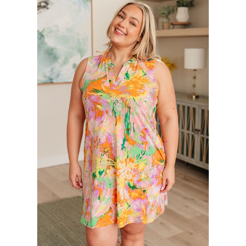Lizzy Tank Dress in Pink and Marigold Brushed