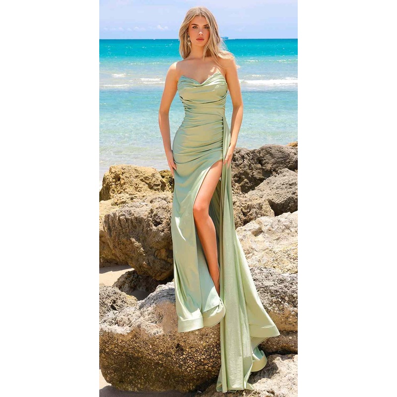 Amelia Couture 3013 Floor Length Strapless Pointed Bust Fitted Slit Gown