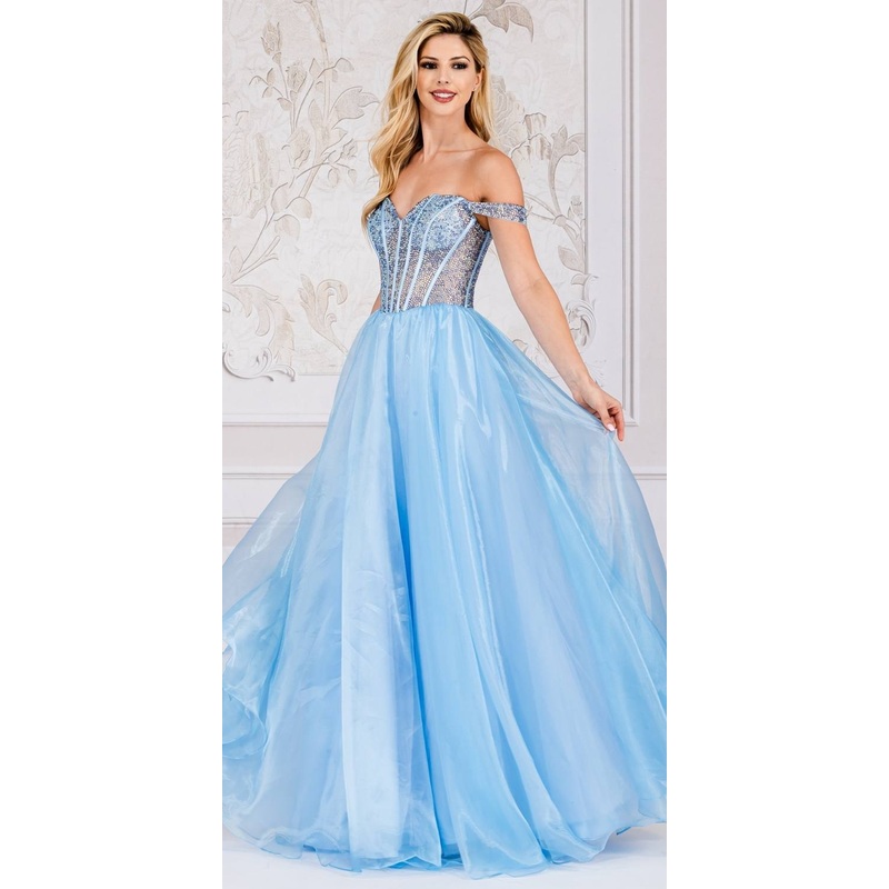 Amelia Couture 7040 Floor Length Off Shoulder Beaded Bodice A-Line Ballgown